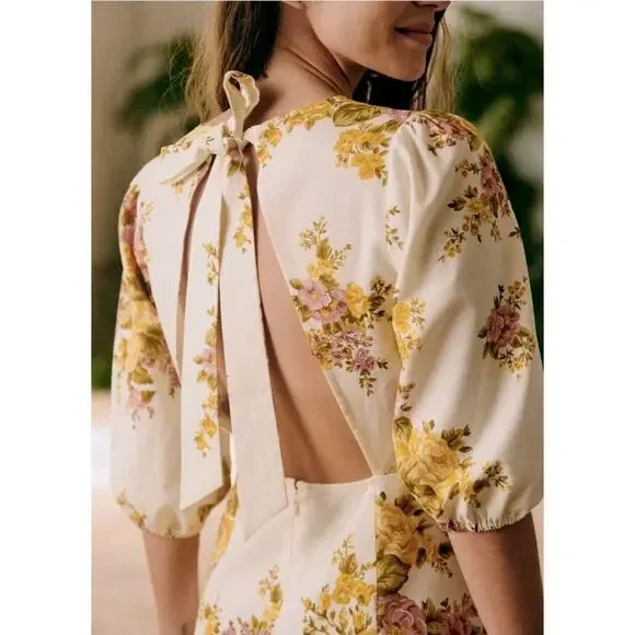 Nwt Sézane Jiana Ella Floral Linen Blend Puff Sleeves Open Back Midi Dress US 10 - Picture 2 of 12
